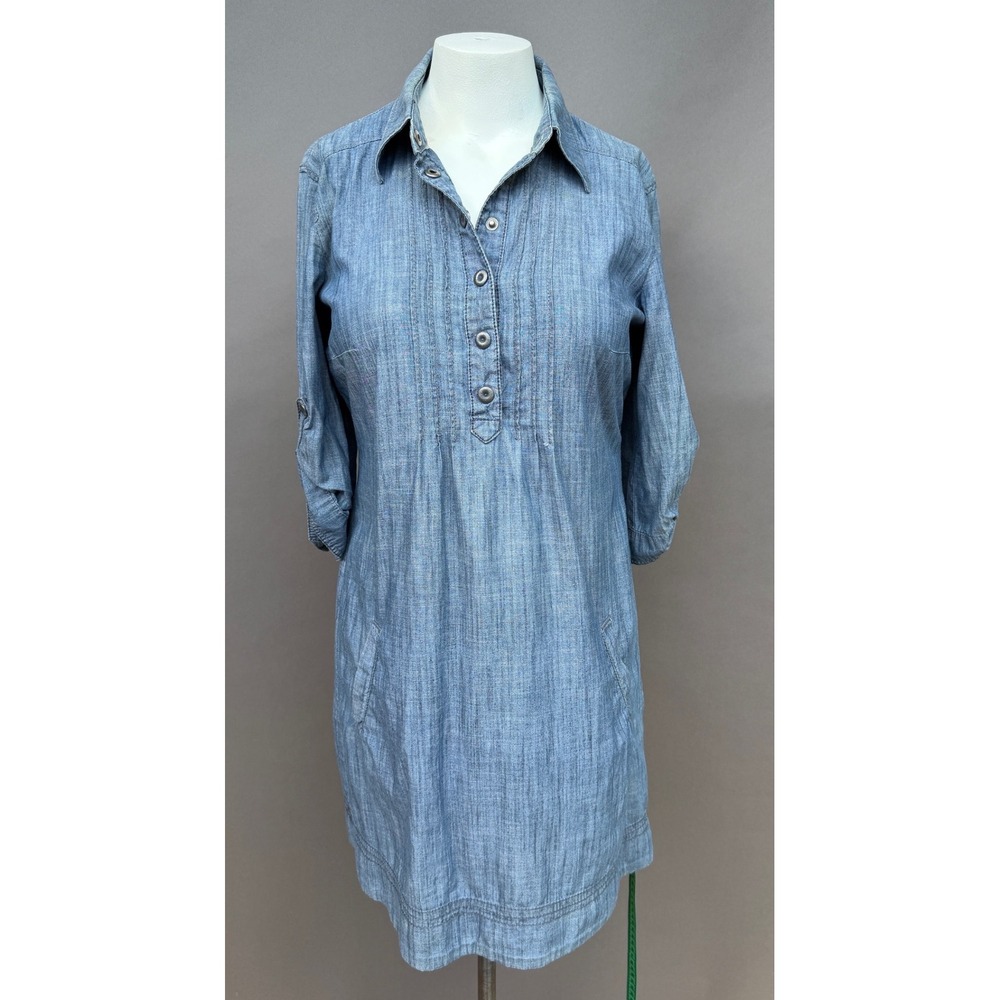 Esprit Blue Cotton Chambray Pintuck Shirt Dress 8 Pockets Roll Tab Sleeve Tunic